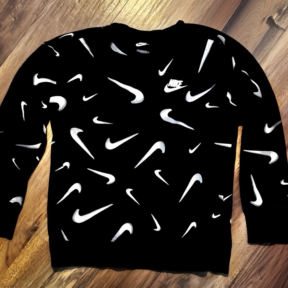 Nike Black Sweatshirt with White Classic Nike Swish Design - Girls Size L